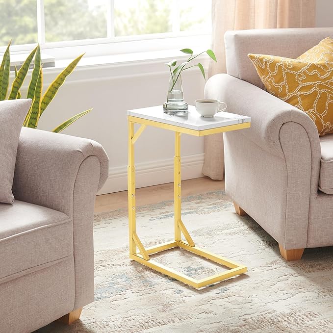 C-Shaped End Table, Small Sofa Table with Metal Frame, Adjustable Height Side Table for Couch, Living Room, Bedroom, Bedside (Gold, Small)