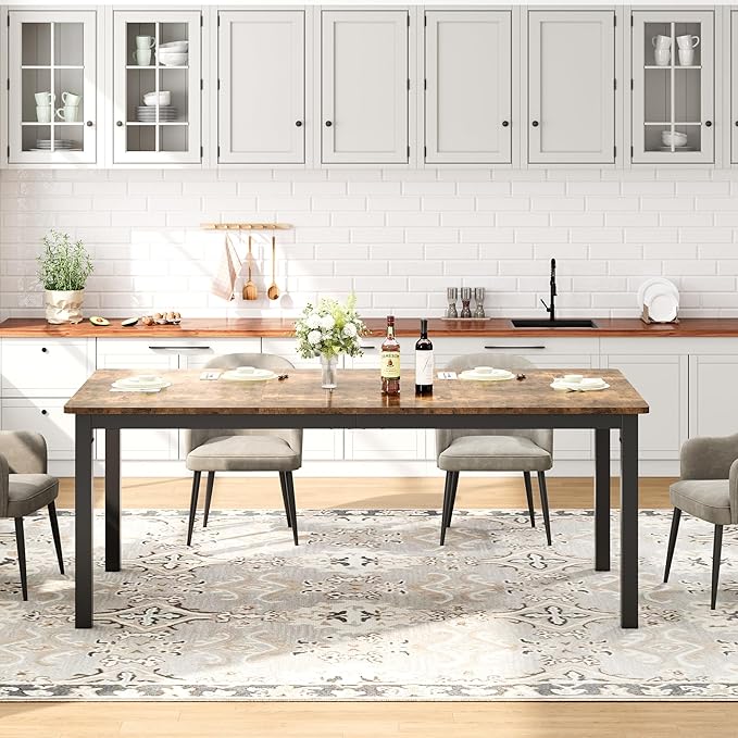 GarveeHome 70.8in Industrial Dining Table for 6, Wooden Long Dinner Table with Mortise Tenon Design, Kitchen Table with Sturdy Metal Legs, for Dining Room Home Office Living Room, Retro