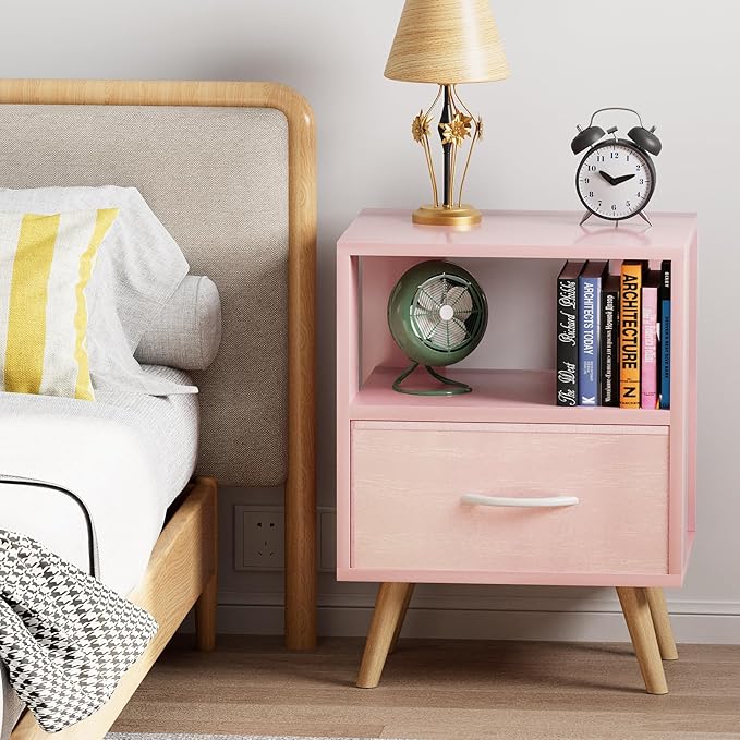 Night Stand, Pink Kids Nightstand with Drawer, Nursery Side Table with Open Storage, 2-Tier Modern End Table, Bedside Table for Small Space, Living Room, Bedroom