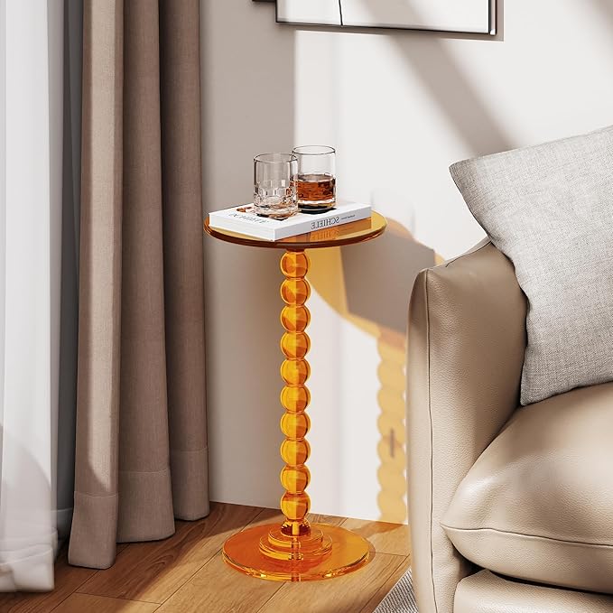Acrylic Side Table, End Table Round Top with Solid Post for Living Room, Bedroom, Balcony, Easy Assembly (Clear) (Pedestal, Orange)