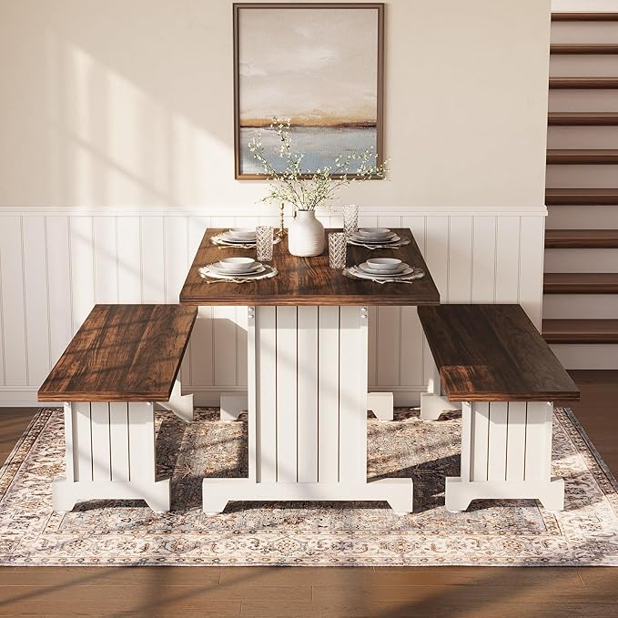 LITTLE TREE Dining Table Set for 4 with 2 Benches, Modern Kitchen Table with MDF Board, Space-Saving Dinette for Kitchen, Dining Room, Brown and White
