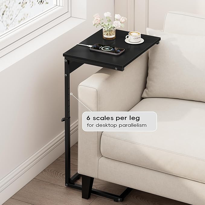 Vagusicc C Shaped End Table with Charging Station, Adjustable Height Side Table for Couch,Small Side Table Small Spaces, 33.2'' Tall Couch Tables that Slide Under, Tv Tray Table for Living Room, Black