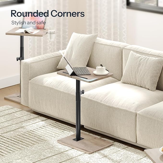 HOOBRO TV Tray Table, 360° Swivel Side Table Sofa Armrest Tray for Couch, Height Adjustable C Shaped End Table, Snack Desk with Cup Holder, for Small Spaces, Greige and Black BG234BZ01