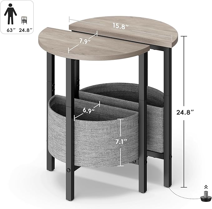 Vagusicc Small Round Side Table End Table with Storage Basket, Accent Coffee Tables Modern Round Nightstand, Set of 2 Half Round Tables, Tall Sofa Table Bedside Table for Living Room Bedroom,Gray