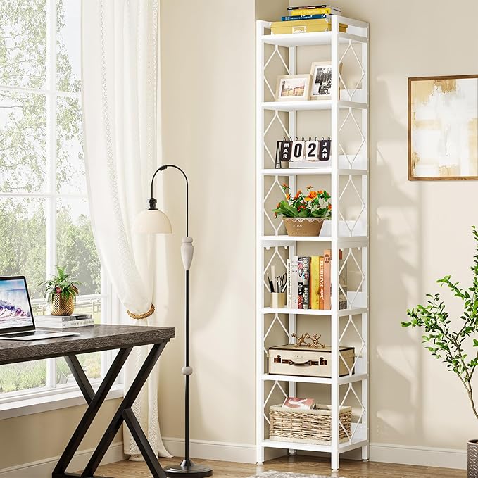 Tribesigns 78.7 Inch Extra Tall Narrow Bookshelf, 7 Tier Skinny Bookcase for Small Spaces, Freestanding Display Shelves, Multifunctional Corner Storage Organizer for Home Office, White
