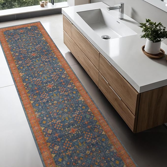 Navy Blue Washable Hallway Runner Rug 2x10 Non Slip Rugs for Kitchen, Mudroom, Bathroom, Hall Way - 10 ft Long Dark Boho Geometric Decor, Fade & Stain Resistance