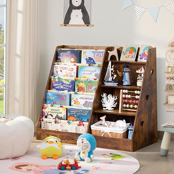 Lerliuo 4 Tier Kids Bookshelf and Storage Organizer, Five Layer Sling Children Bookcase, Baby Toddler Wooden Book Shelf, Display Cabinet for Playroom, Bedroom, Classroom, Nursery, School (Brown)
