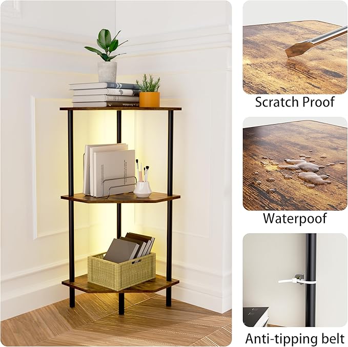 Corner Shelf Stand, Storage Standing Shelf Unit with Metal Frame, Narrow Bookshelf with LED Light Brown Plant Display Stand, Multi Unit Organizer Corner Cabinet for Bedroom, Living Room (3 Tier)