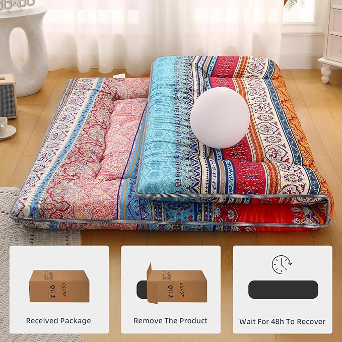 Bohemian Retro Japanese Floor Mattress, Vintage Floral Tatami Floor Mat, Portable Roll up Futon Mattress for Guest,Tavel (C,Full 80" X 47")