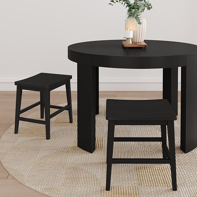 Plank+Beam Smythe Dining Stool, 18",Set of 4, Sturdy Wood Modern Kitchen Stool, Saddle Seat Backless Chair, Metal Footrest, Black