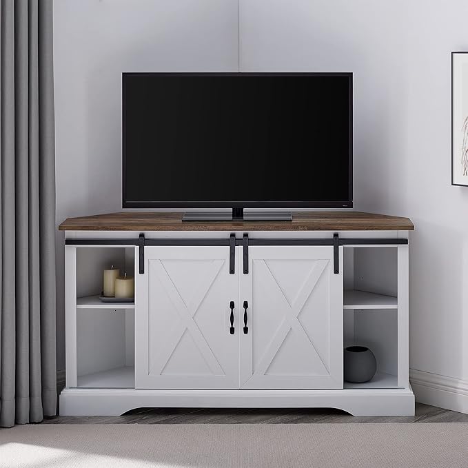 Walker Edison Everette Modern Farmhouse Double Sliding X Barn Door Stand for TVs up to 58 Inches, 52 Inch, Reclaimed Barnwood and Solid White