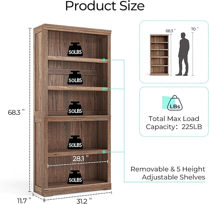 LINSY HOME 5-Shelf Bookcase, Bookshelves Floor Standing Display Storage Shelves 68 in Tall Bookcase Home Decor Furniture for Home Office, Living Room, Bed Room - Dark Brown