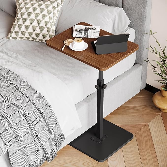NiHome Minimalist Height Adjustable End Table, 360° Rotatable Sofa Armrest Side Tray Table, Adjustable Legs Space-Saving Couch Bedside Bathtub TV Tray C-Shaped End Table Snack Table for Eating (Brown)