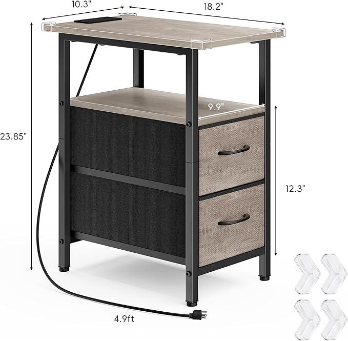 Vagusicc End Table with Charging Station, Narrow Side Table, 23.8'' Tall Nightstand with 2 Fabric Drawers, Small Sofa Side Table Narrow Nightstand for Small Spaces, Living Room, Bedroom, Rustic Grey
