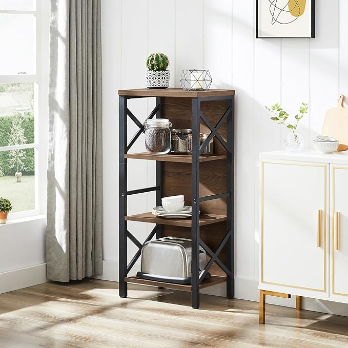 Small Bookshelf,4 Tier Industrial Bookcase with Metal Frame and Backboard,Narrow Rustic Brown Book Shelf,Book case for Small Spaces,Living Room,Bedroom and Home Office