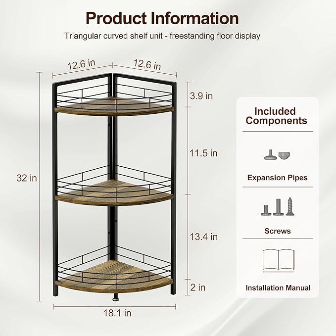 Bathroom Corner Shelf Stand, 3-Tier Small Corner Shelves, Triangular Curved Standing Bathroom Shelf Unit for Small Spaces, Ideal for Kitchen, Vanity Storage and Organization - Brown