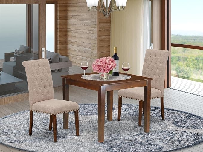 East West Furniture OXBR3-MAH-04 3 Piece Dining Room Furniture Set Contains a Square Dining Table and 2 Light Tan Linen Fabric Upholstered Chairs, 36x36 Inch, Mahogany
