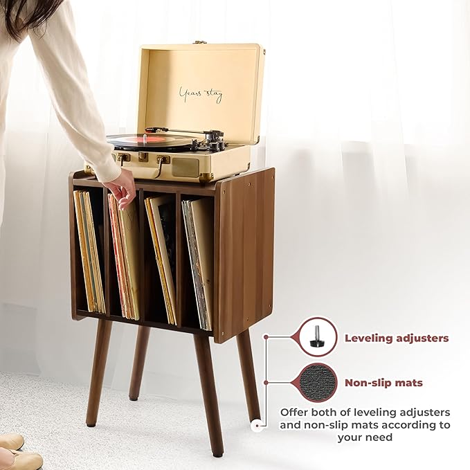 Wooden Record Player Stand, Vinyl Record Storage Holder Table with 4 Cabinets, Holds up to 100 LPs, Metal Organizer Stand, Classical Design for Files/Book (Walnut, 2 Tier)