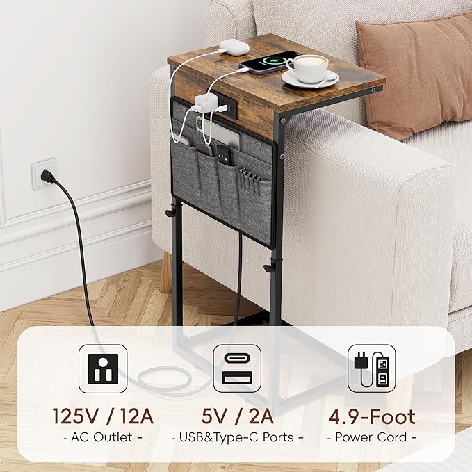 Vagusicc C-Shaped End Table Set of 2 with Charging Station, Small Side Table for Couch, Adjustable Height Couch Side Table, Slide Under Sofa Table TV Tray Tables for Living Room,Bedroom,Bedside, Brown