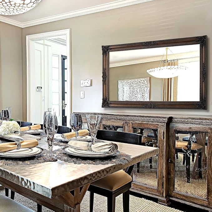 Large Bronze Mirror, 53''x29.5''Vintage Mirrors with Ornate Wooden Frame, Decorative Mirror for Living Room Dining Room Hallway, Horizontal/Vertical