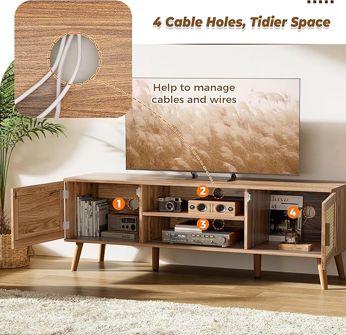 SUPERJARE Boho TV Stand for 65 Inch TV, Entertainment Center with Adjustable Shelf, Rattan TV Console with 2 Cabinets, Media Console, Solid Wood Feet, 4 Cord Holes, for Living Room, Walnut