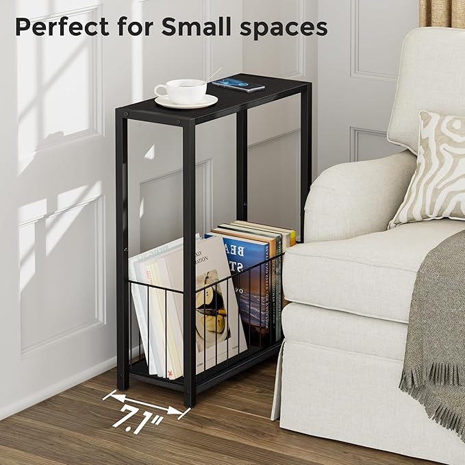 Narrow Side Table with Magazine Holder, Skinny End Table Perfect for Small Spaces, Space-Saving Design for Living Room, Bedroom, or Office, 7.1" D x 16.9" W x 23.6" H, Black