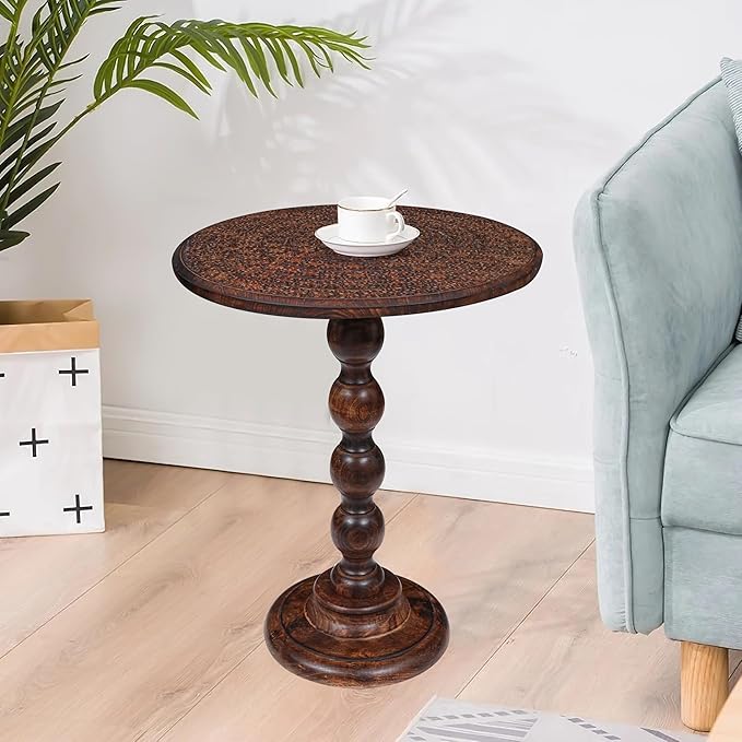 Side Tables Round – Small Drink Table for Small Spaces, Modern Accent Nightstand with Hand-Carved Top & Solid Wood Tables for Living Room, Bedroom, Office – Scorch Burnt Finish_18x22 Scorch Burnt