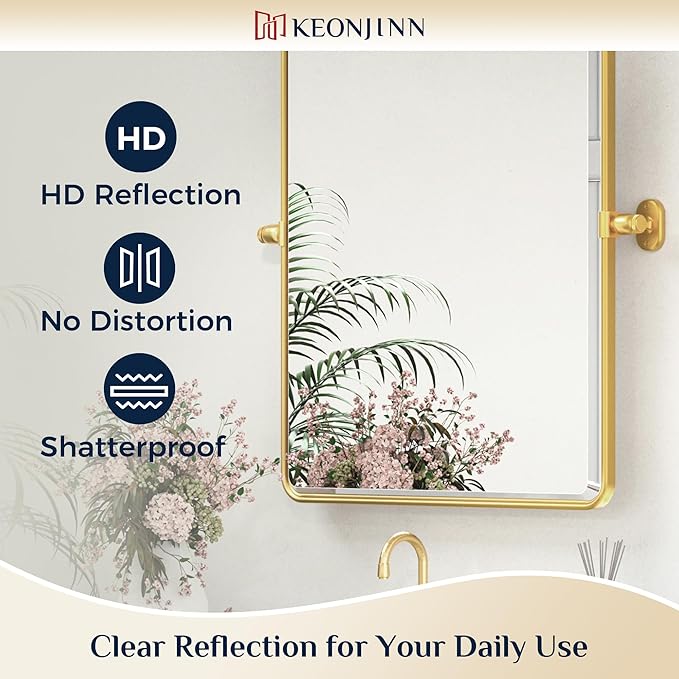 Keonjinn 24 x 36 Inch Pivot Mirror Bathroom, Gold Tilt Mirror Bathroom for Wall, Brushed Gold Beveled Pivot Rectangle Mirrors for Over Sink, Modern Metal Framed Vanity Mirrors, Horizontal/Vertical