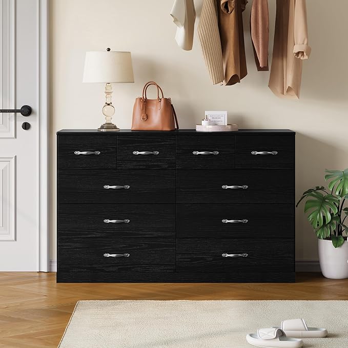 LINSY HOME 10 Drawer Dresser for Bedroom, 54" Wide Chest of Drawers, Modern TV Stand Dressers with Wood Frame and Metal Handles, Large Drawer Organizer for Bedroom, Living Room, Black
