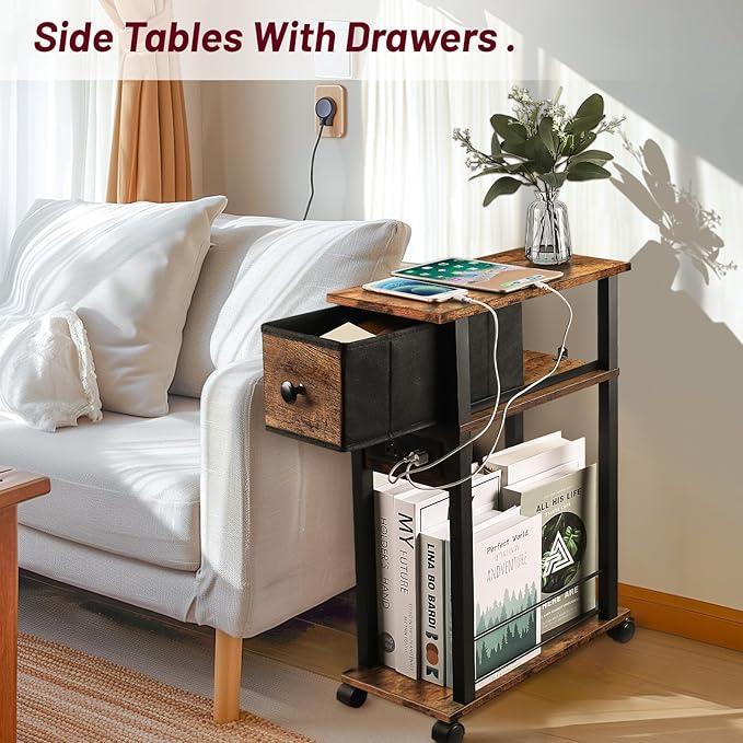 Side Table with Charging Station and Drawer, Narrow End Table with USB Ports and Outlets for Small Space, Living Room, Bedroom and Office, with 4 Wheels (1, Rustic Brown + Black)