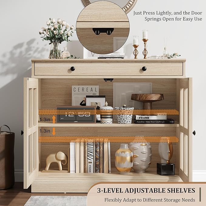 GarveeHome 35.4" Sideboard Buffet Cabinets with Glass Door, Buffet Cabinet with Storage, Oak Sideboard Cabinet with Drawer, Modern Buffets & Sideboards for Dining Room, Kitchen
