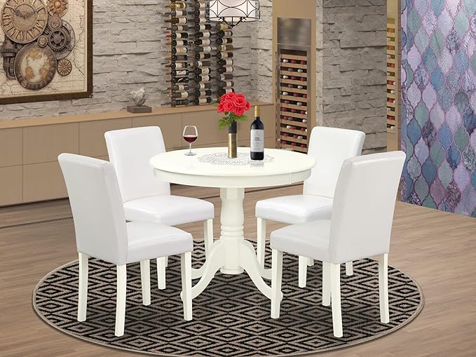East West Furniture ANAB5-LWH-64 5 Piece Dining Room Table Set Includes a Round Kitchen Table with Pedestal and 4 White Faux Leather Upholstered Parson Chairs, 36x36 Inch, Linen White