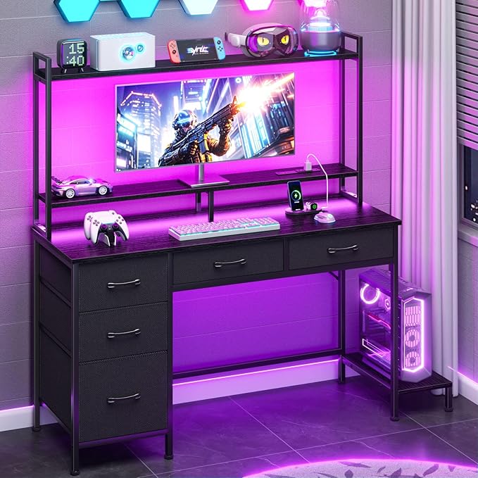 Computer Gaming Desk with Hutch, Home Office Desk with Power Outlets, LED Light, 5 Storage Drawers, 2 Tiers Shelves for Display, 47 Inch Modern Study Writing Table for Bedroom, Black