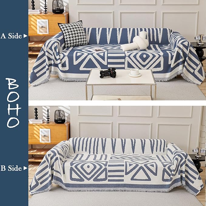HANDONTIME Boho Couch Covers for Sofa Chenille Sofa Covers Denim Blue Sofa Cover Blanket Sectional Sofa Cover Geometric Reversible Couch Cover for L Shaped Couch Protector for Dogs, 71" X102"