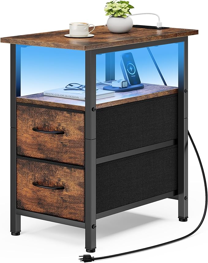 Vagusicc Nightstand with Charging Station and LED Lights, Narrow Side Table, LED Night Stand with 2 Fabric Drawers, Bedside Table with USB Ports and Outlets, Tall Nightstand for Bedroom, Rustic Brown