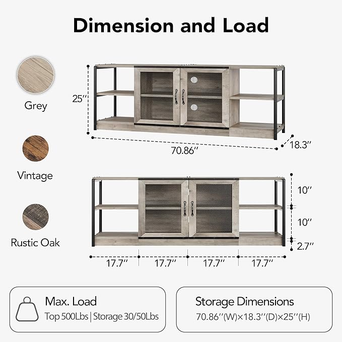 GarveeHome Farmhouse TV Stand for 75/80 Inch TVs, Entertainment Center with Storage Cabinet, 71'' Rustic TV Media Console Table, Furniture for Living Room, Grey