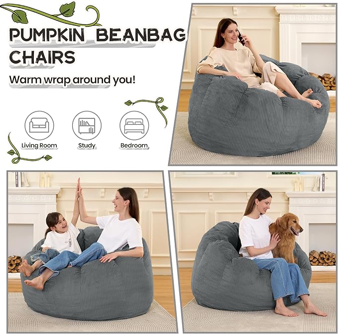 HABUTWAY Giant Bean Bag Chair for Adults/Kids/Teens, Pumpkin Bean Bag Couch Comfy Reading Chair for Bedroom, Corduroy Lazy Sofa Loughe Chair with Wider Seat Depth & Non-Slip Bottom(Dark Grey)