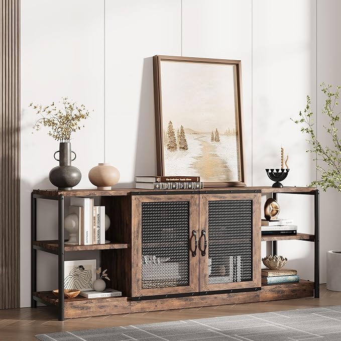 GarveeHome Farmhouse TV Stand for 65/75 inch TV, Entertainment Center with Storage Cabinet, Industrial TV Console Cabinet with Mesh Doors, 63" Rustic TV Media Console Table for Living Room, Vintage