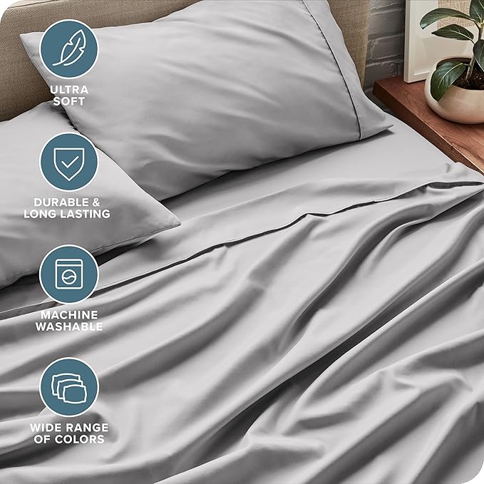 Bare Home Split Head Flex King Sheet Set - 1800 Ultra-Soft Microfiber Bed Sheets - Double Brushed - Deep Pockets - Easy Fit - 4 Piece Set - FlexTop King Bedding (Split Head Flex King, Light Grey)