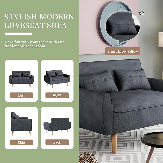 Shintenchi Small Modern Loveseat Couch Sofa, Mid Century Fabric Upholstered 2-Seat Sofa Couch Love Seats Furniture for Small Space,Living Room,Studio,Apartment with 2 Pillows