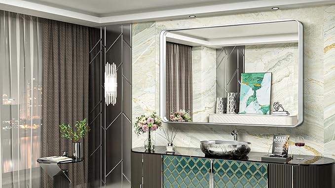 TokeShimi 60 x 40 Inch Wall Mirror for Bathroom Brushed Silver Metal Frame Decorative Rectangular Wall Mounted Home Decor Corner Hangs Farmhouse Mirror (Horizontal/Vertical)