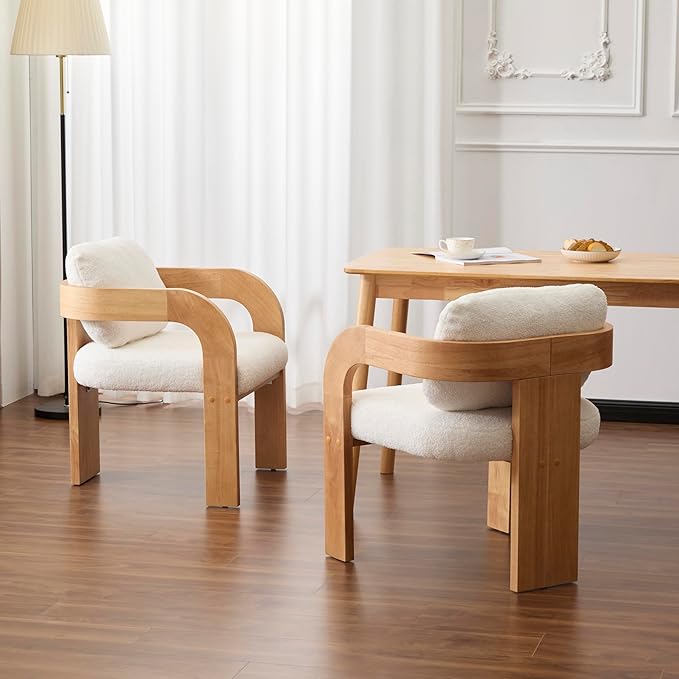 Christopher Knight Home Yorick Modern Boucle Dining Chair Set of 2 with Cushion, Solid Wood Dining Room Armchair Set, Curved Backrest Kitchen Side Chair, Living Room Comfy Extra Seat, Natural+White