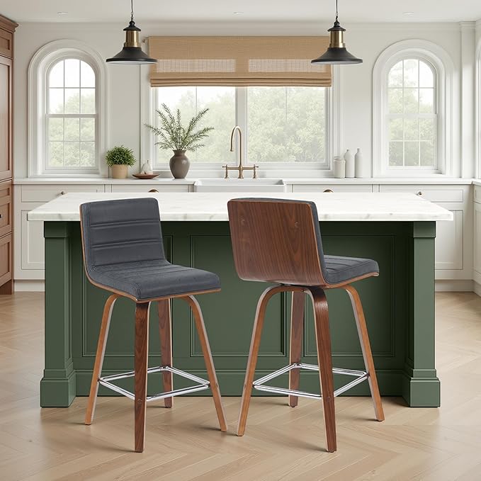 Vienna Modern Counter Height Swivel Bar Stool with Vintage Black Upholstered Seat and Walnut Finished Wood Frame Set of 3