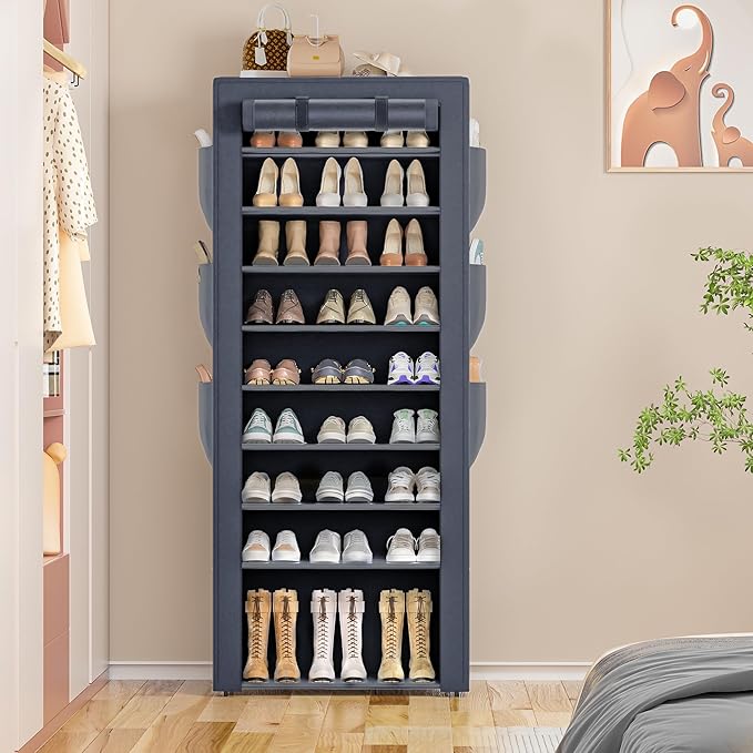 Shoes Rack 10 Tier Tall Shoe Rack with Storage Pockets, Fabric Covered Shoe Racks,Metal Shoes Rack Organizer for Closets,Bedroom, Garage