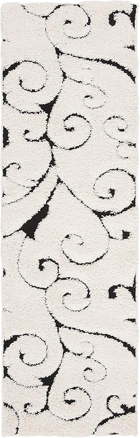 SAFAVIEH Florida Shag Collection Runner Rug - 2'3" x 7', Ivory & Black, Scroll Design, Non-Shedding & Easy Care, 1.2-inch Thick Ideal for High Traffic Areas in Living Room, Bedroom (SG455-1290)