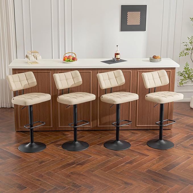 Furniliving Upholstered Bar Stools Set of 4, Faux Leather Swivel Bar Stools with Back, Adjustable Counter Height Barstools for Kitchen Island, Dining Space, Beige
