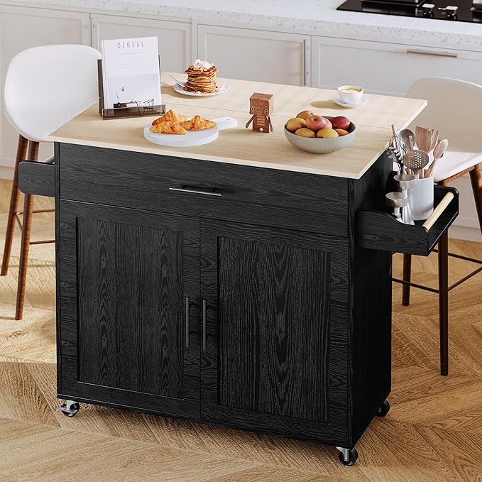 IRONCK Kitchen Island with Storage, Rolling Kitchen Island on Wheels with Drop Leaf, Charging Station, 3 Open Spice Rack, Cabinet, Drawer, Kitchen Cart Island Table for Kitchen, Black