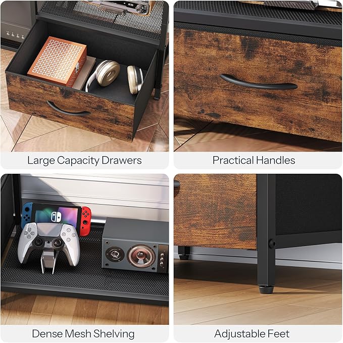 HOOBRO LED TV Stand with Storage, LED Entertainment Center with Open Shelves and Drawer, Fits TVs up to 55", Television Stand for Living Room, Bedroom, Rustic Brown and Black BF123DDS01
