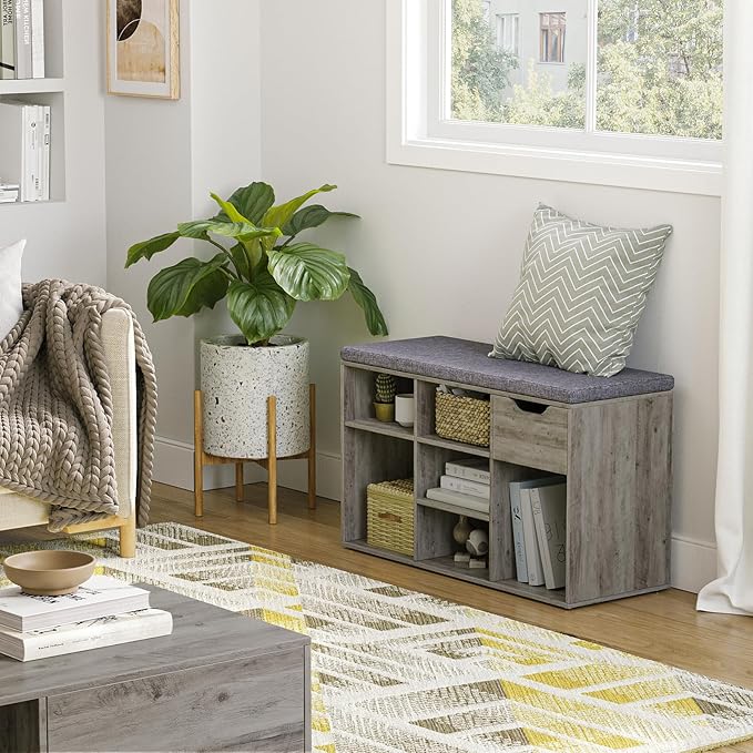 DINZI LVJ Shoe Bench, Entryway Storage Bench with Drawer and 8 Cubbies, Cubby Shoe Rack with Adjustable Shelves, Shoe Organizer Cabinet for Living Room, Bedroom, Mudroom, Closet and Garage, Grey Wash