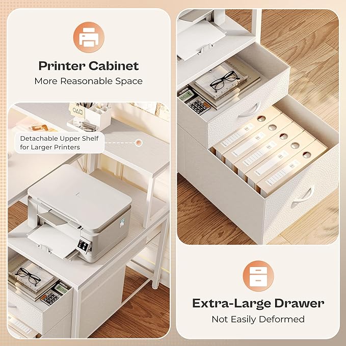 PRAISUN 66 Inch L Shaped Computer Desk with Power Outlets and LED Lights, Home Office Desk with Fabric Drawers and Print Stand, L Shape or Long Set up, Monitor Stand, Mesh CPU Stand, White